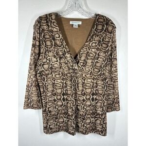 Vintage Brown Snake Print V Neck‎ Blouse Shirt Top Large 90s Y2K Semi Sheer Mesh